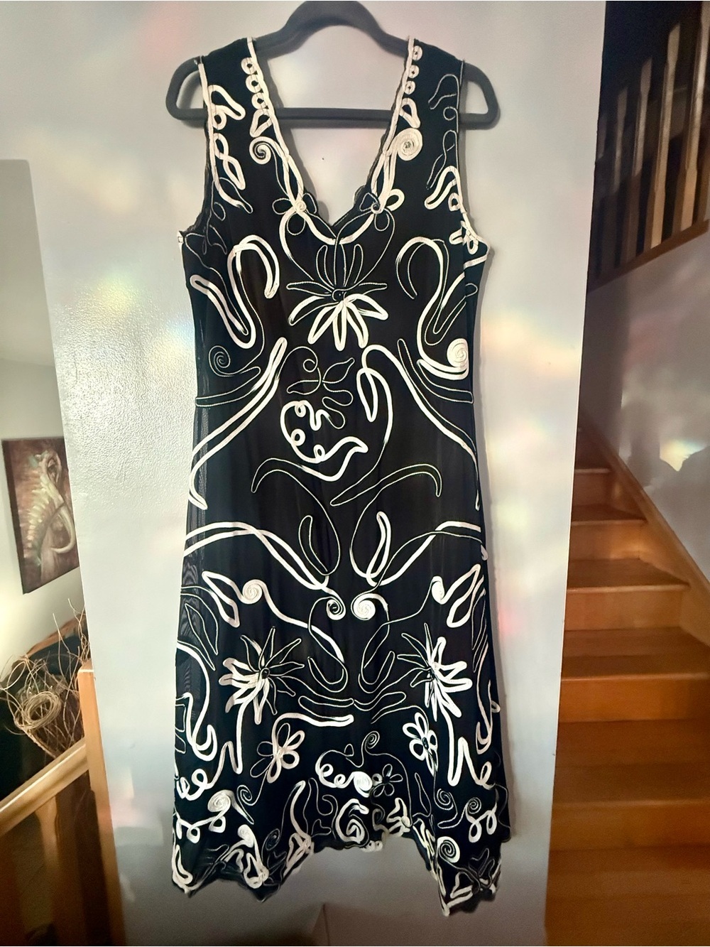 🇨🇦 VTG Linea Domani Black White Tapework Mesh Midi Dress V-Neck Y2K Cocktail